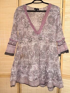 Boho Floral V-Neck Tunic Top/Mini dress- Pink Paisley